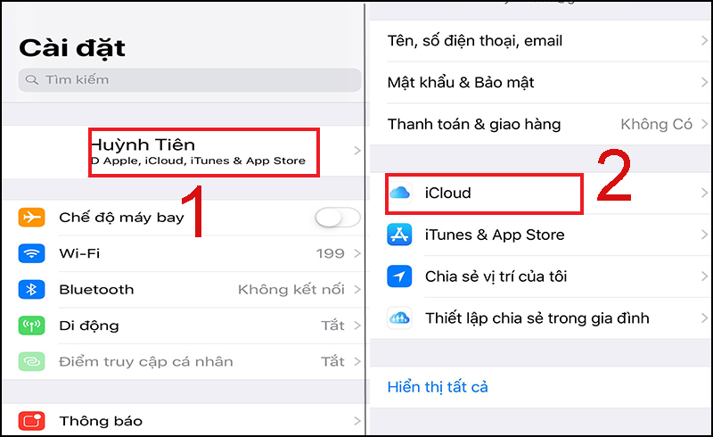 Bước 1: vào Cài đặt trên iPhone/iPad => tài khoản iCloud => “iCloud”.
